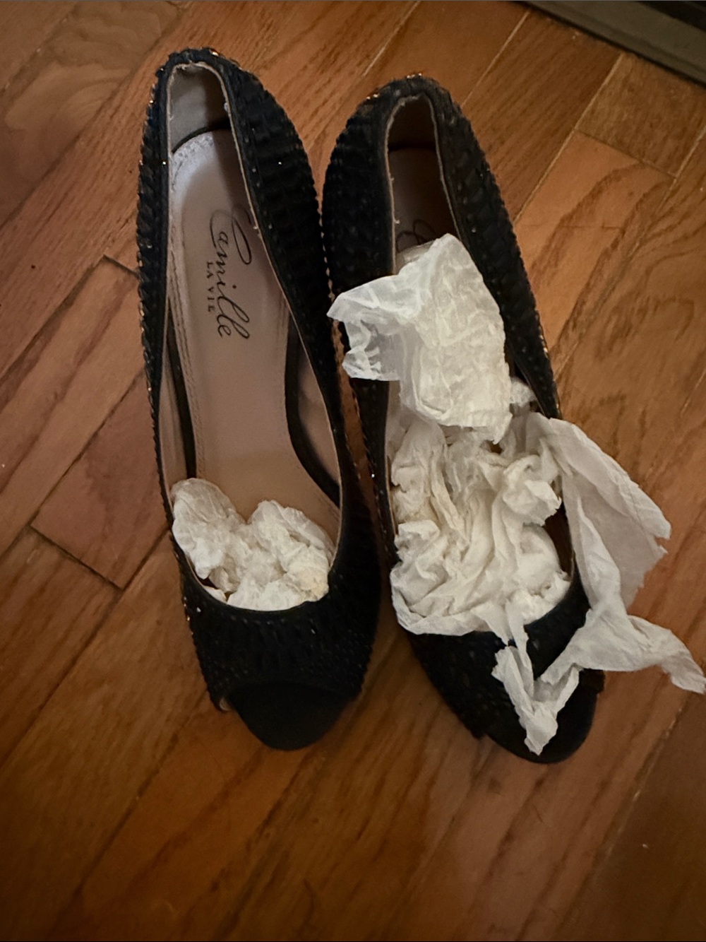 Black Embellished Peep-Toe Heels
